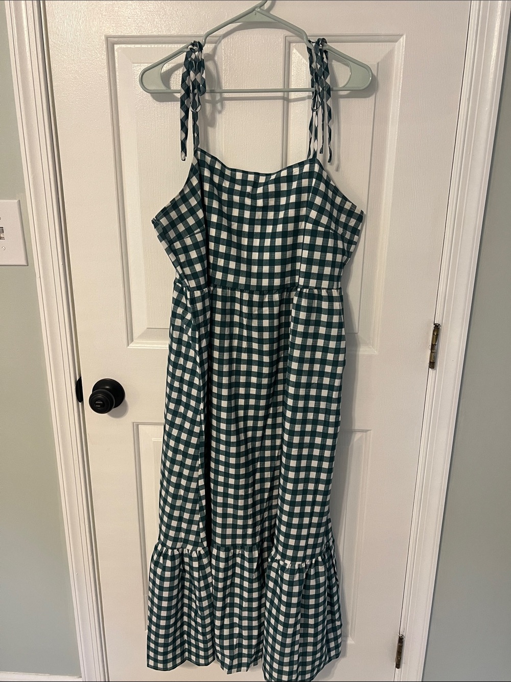 (XL) Green Gingham Tie-Shoulder Dress
